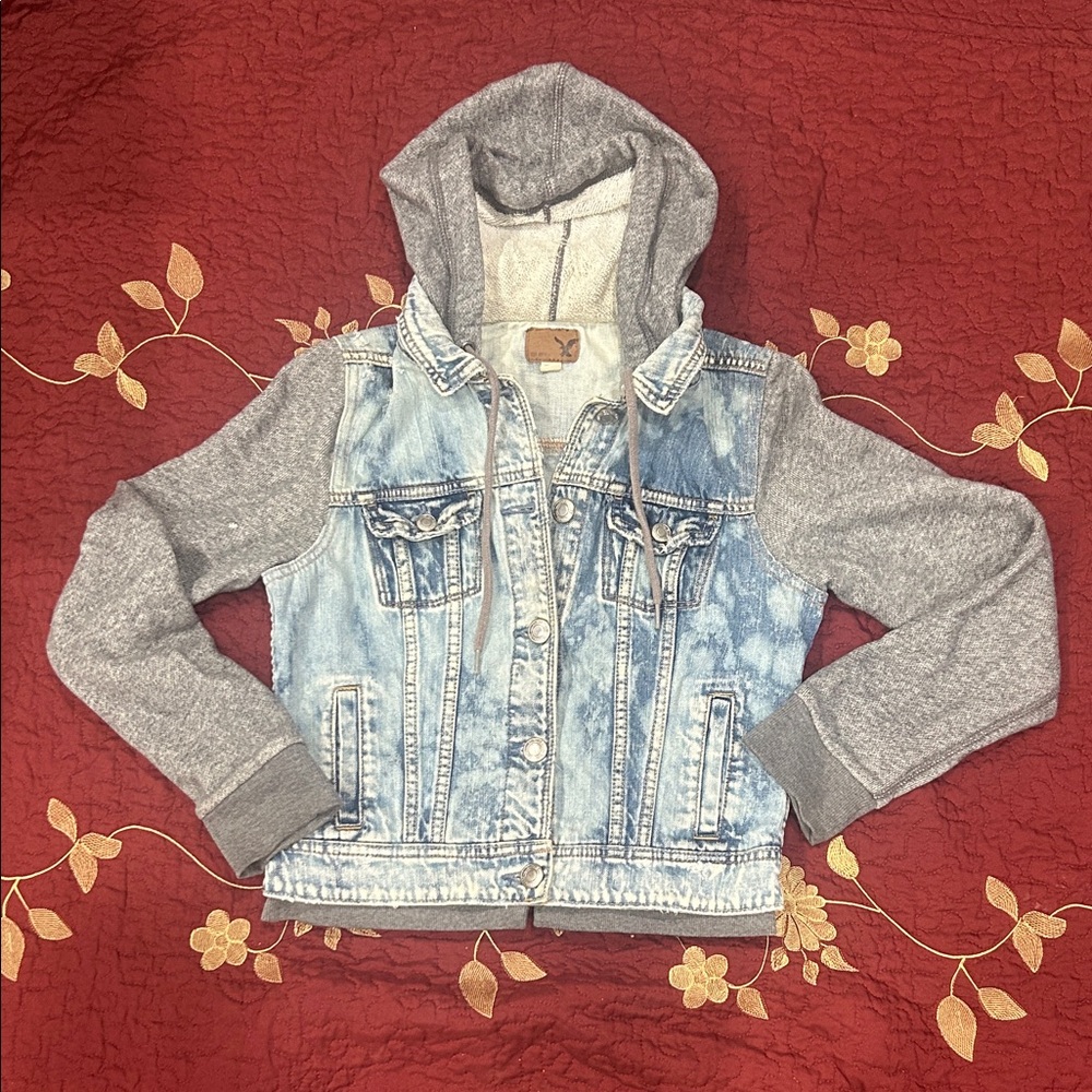 American Eagle Denim Jacket with Gray Sweater Sleeve and hood